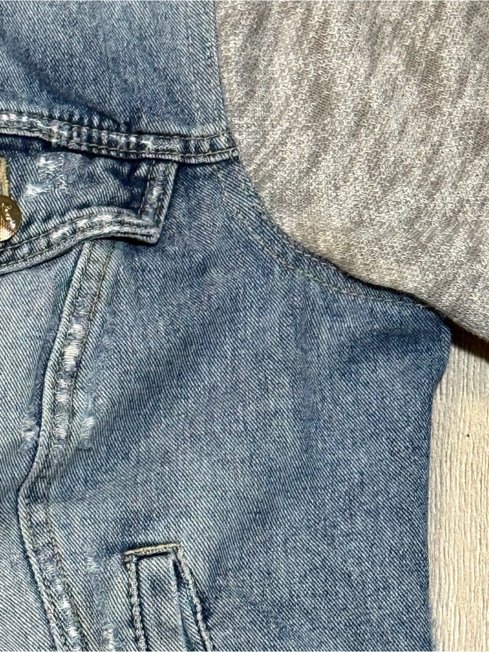 Free People Denim Hoodie Jacket M Distressed Knit Sleeve Jacket - Picture 11 of 16